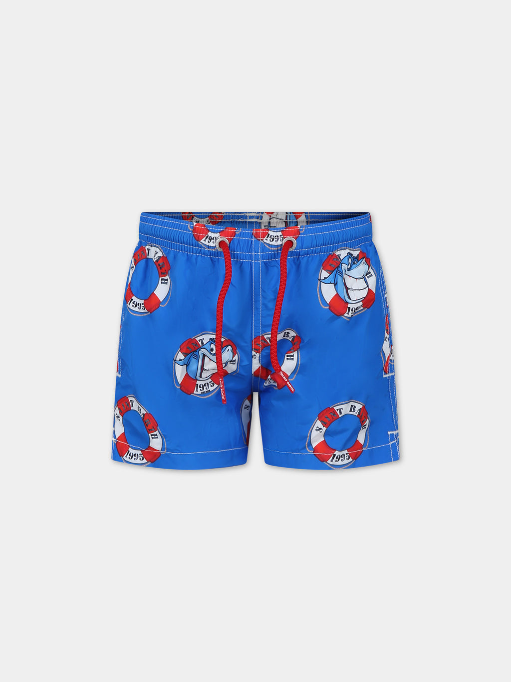 Blue swim shorts for boy with shark print